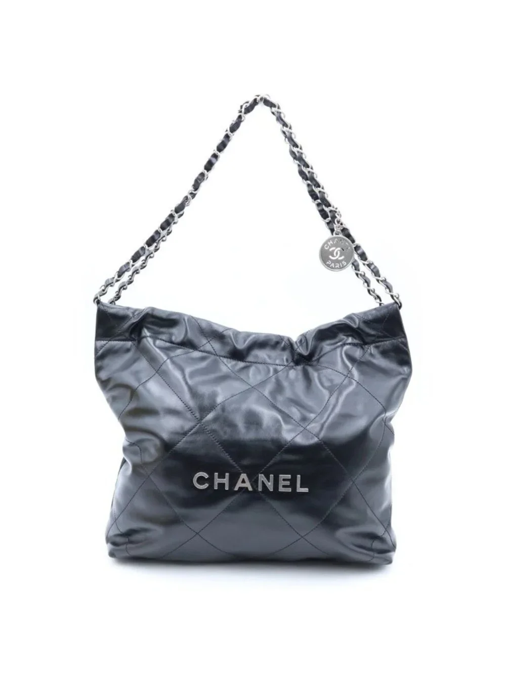 Chanel 22 Small Drawstring Chain Shoulder Bag Black Calfskin Silver